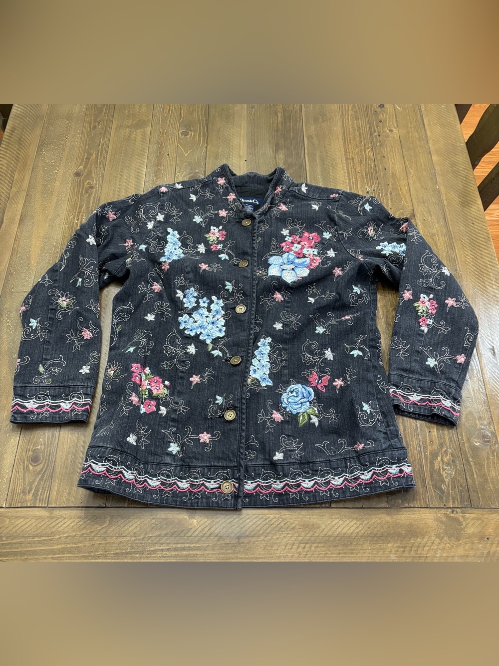 Denim&Co Vintage Black Embroidered Floral Denim Jacket